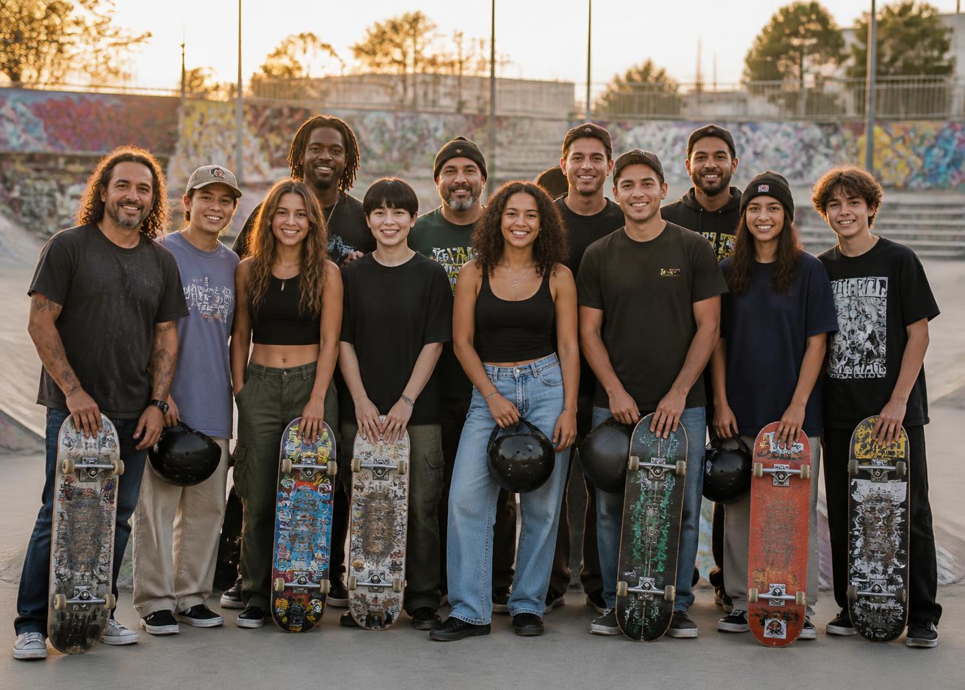 A diverse group of adult and teen skaters standing together at a Denver skatepark